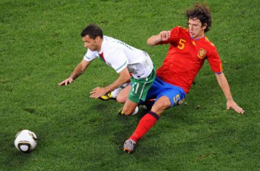 Simao (links, Portugal) und Carles Puyol (rechts, Spanien)