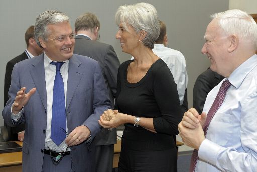 Didier Reynders, Frankreichs Finanzministerin Christine Lagarde und Philippe Maystadt (Europäische Investitionsbank)