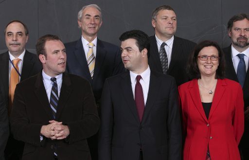Melchior Wathelet, Staatssekretär für Migration, Albaniens Innenminister Lulzim Basha und Cecilia Malström, EU-Kommissarin für Innenpolitik