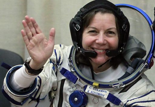 US-Astronautin Catherine Colman am Donnerstag vor dem Start in Baikonur