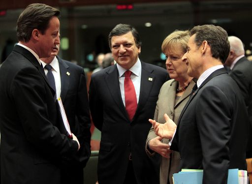 David Cameron, Jose Manuel Barroso, Angela Merkel und Nicolas Sarkozy am 11. März in Brüssel