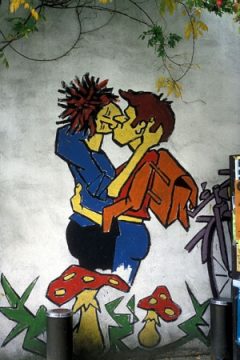 Graffiti von Klaus Paier: "Liebespaar" am Hintereingang des Café Kittels in Aachen, Pontstraße