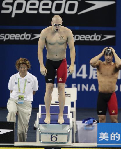 Mitglieder der belgischen Männerstaffel bei den Schwimmweltmeisterschaften in Shanghai