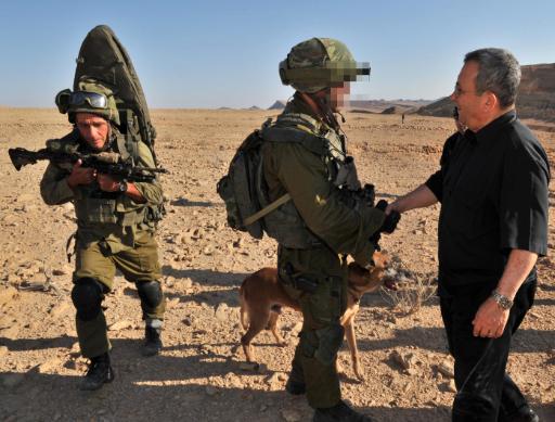 Israels Verteidigungsminister Ehud Barak mit Soldaten an der ägyptischen Grenze (19. August)