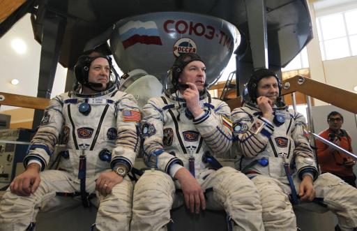 Die russischen Kosmonauten Alexander Samokutjajew und Andrej Borissenko und der US-Astronauten Ronald Garan