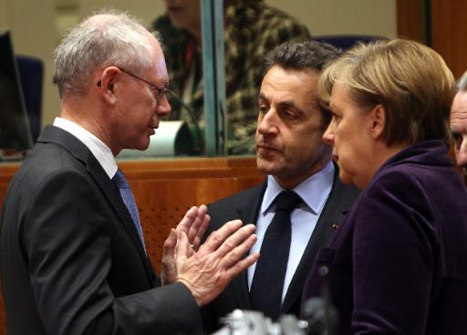 Herman Van Rompuy, Nicolas Sarkozy und Angela Merkel