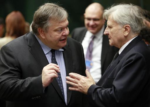 Der griechische Finanzminister Evangelos Venizelos und der Noch-Präsident der Europäischen Zentralbank, Jean-Claude Trichet, heute Nacht in Brüssel