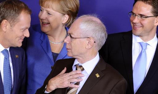 Donald Tusk (Polen), Angela Merkel (Deutschland), Herman Van Rompuy (EU) und Jyrki Katainen (Finnland)