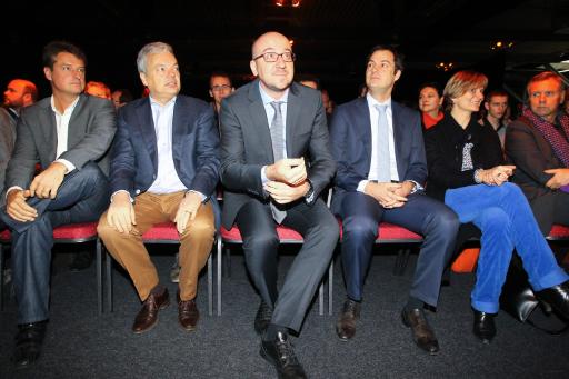 Olivier Chastel, Didier Reynders, Charles Michel und Alexander De Croo in Marche-en-Famenne