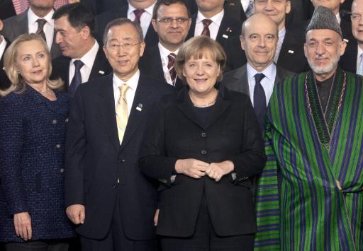 Hillary Clinton, Ban Ki Moon, Angela Merkel und Hamid Karsai in Bonn