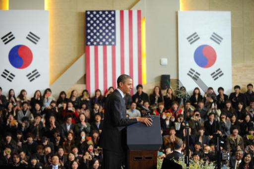 US-Präsident Barack Obama spricht zu südkoreanischen Studenten der Hankuk-Universität in Seoul