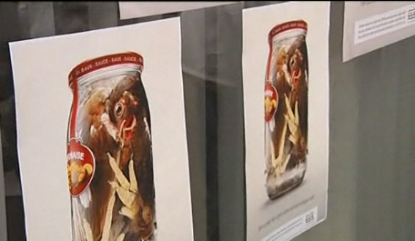 Plakataktion von GAIA gegen Käfige für Legehennen