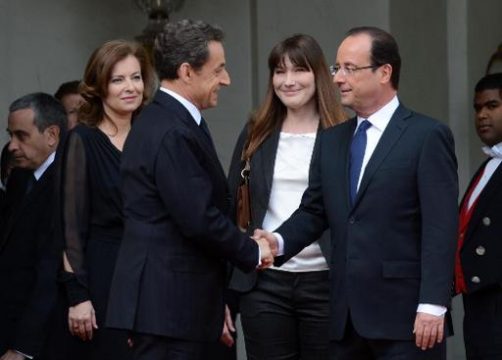 Valérie Trierweiler, Nicolas Sarkozy, Carla Bruni-Sarkozy und François Hollande (vlnr)