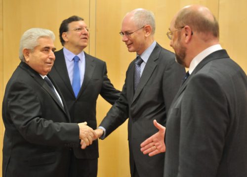 Zyperns Präsident Demetris Christofias, EU-Kommissionspräsident José Manuel Barroso, EU-Ratspräsident Herman Van Rompuy und Europaparlamentspräsident Martin Schulz