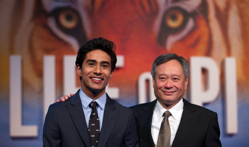 Hauptdarsteller Suraj Sharma, Regisseur Ang Lee und der Tiger