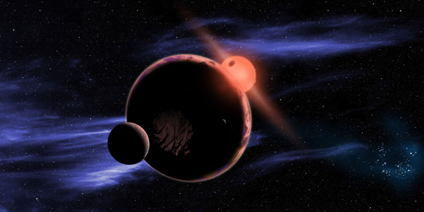 Planet mit zwei Monden in der Nähe eines "Roten Zwergs" (Illustration)