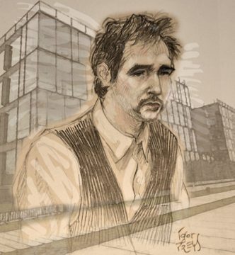 Zeichnung von Kim De Gelder mit dem Justizpalast von Gent im Hintergrund