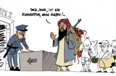 Rekrutierung junger Syrien-Kämpfer in Belgien - Karikatur von Valentine Lilien