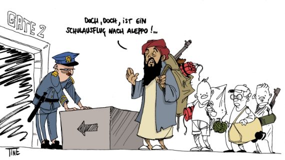 Rekrutierung junger Syrien-Kämpfer in Belgien - Karikatur von Valentine Lilien