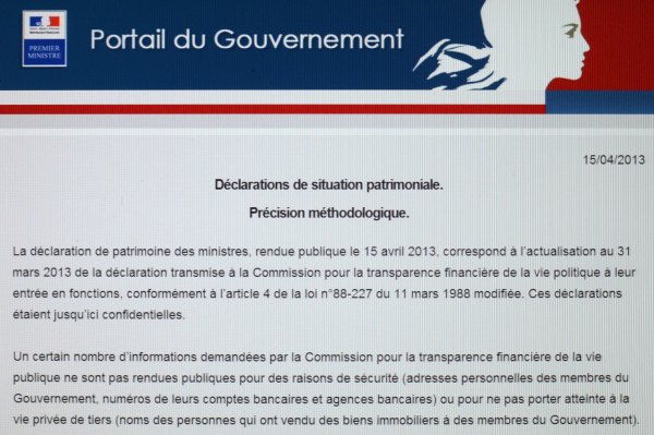 Die Internetseite der französischen Regierung mit den Vermögensverhältnisse der Minister
