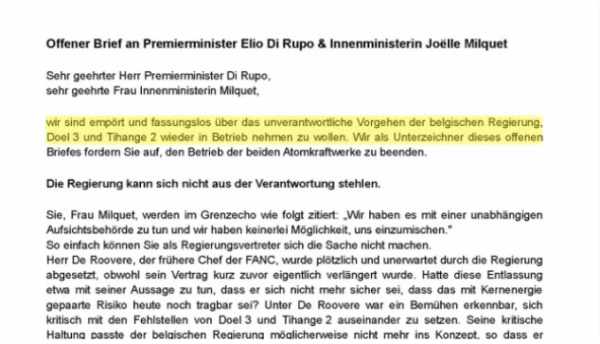 Atomgegner richten offenen Brief an Premierminister Elio Di Rupo und Innenministerin Joëlle Milquet