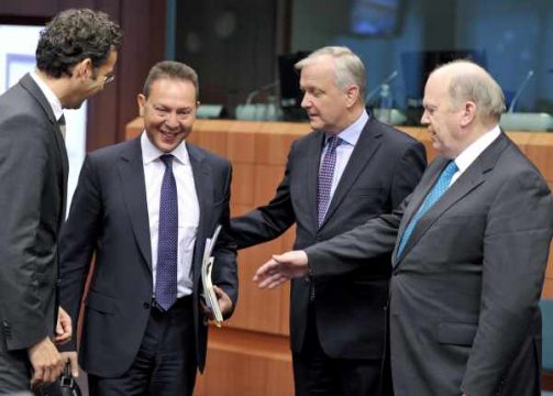 Jeroen Dijsselbloem, Ioannis Stournaras, Olli Rehn und Michael Noonan