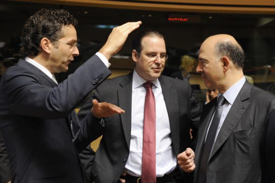 Eurogruppen-Chef Jeroen Dijsselbloem mit Anders Borg (Schweden) und Pierre Moscovici (Frankreich)