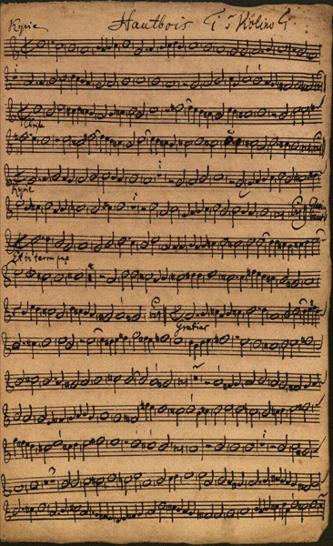 Motiv: Francesco Gasparini (1661-1727): Missa canonica, Stimme Hautbois (Oboe) 1 / Violine 1 in der Handschrift J. S. Bachs / Ehemalige Ephoralbibliothek Weißenfels, Leihgabe der evangelischen Kirchengemeinde Weißenfels, Depositum Heinrich-Schütz-Haus