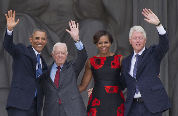 Barack Obama, Jimmy Carter, Michelle Obama, Bill Clinton (vlnr)