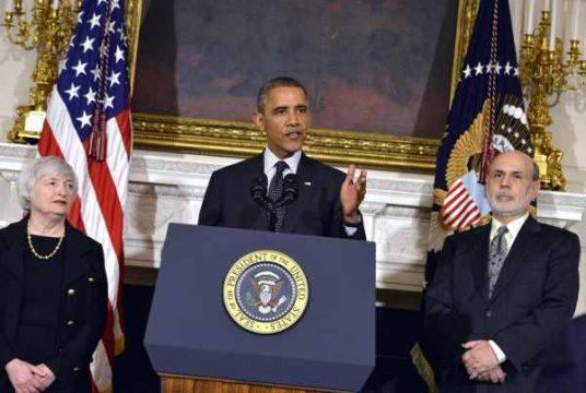 Janet Yellen, Barack Obama und Ben Bernanke (vlnr)