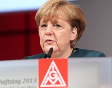 Die deutsche Kanzlerin Angela Merkel war Gastrednerin bei der Sitzung der IG Metall