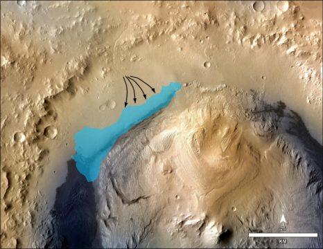 Darstellung des möglichen Verlaufs des Urzeit-Sees auf dem Mars