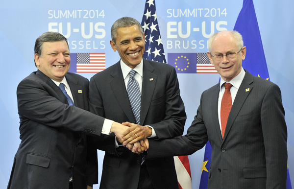 José Manuel Barroso, US-Präsident Barack Obama und Herman Van Rompuy in Brüssel