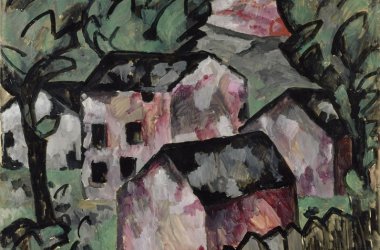 Kasimir Malewitsch, Landschaft mit drei roten Häusern (1911), Gouache auf Papier, Privatsammlung, Courtesy Schroder Trust SA