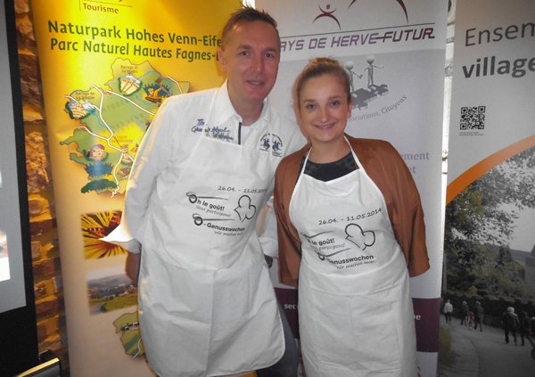 Eric Pankert vom Hotel "Zur Post" in St. Vith und Marie-Charlotte Portois von "La Menuiserie" in Champagne, die "Paten" der "O-Genusswochen"