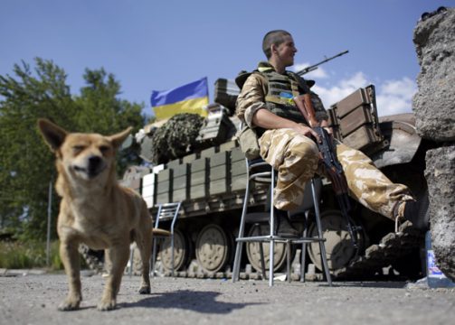 Ukrainischer Soldat an einem Checkpoint in der Nähe von Donezk