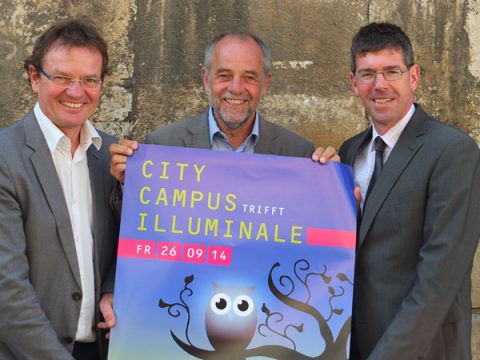 City Campus trifft Illuminale: Prof. Norbert Kuhn (Hochschule Trier), Oberbürgermeister Klaus Jensen und Prof. Michael Jäckel (Universität Trier)