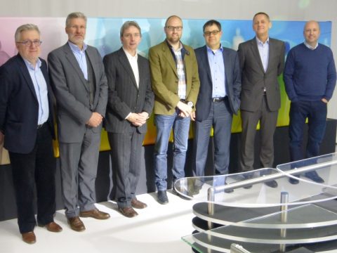 Via Euregio 2015: vlnr Jean-Louis Radoux (RTC Liège), Toni Wimmer (BRF), Johnny Put (TV Limburg Belgien), Kim Rayen (TV Limburg Niederlande), Ulrich Kutsch (Zeitungsverlag Aachen), Ralph Neumann (NRW.TV) und Urbain Ortmans (Télévesdre Verviers)
