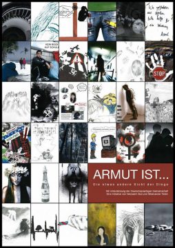 Die erste Tafel der Ausstellung "Armut ist ..." mit einer Übersicht aller Illustrationen der SchülerInnen des RSI