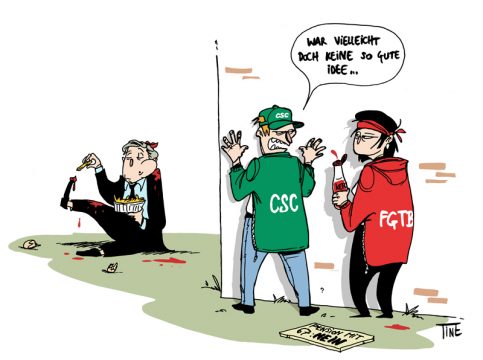 Karikatur von Valentine zum Eier- und Ketchup-Angriff auf Pensionsminister Daniel Bacquelaine