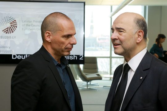 Griechenlands Finanzminister Gianis Varoufakis und EU-Steuerkommissar Pierre Moscovici am 24.4. in Riga