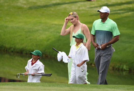 Lindsey Vonn und Tiger Woods mit Woods' Kindern bei einem Golfturnier in Augusta (8. April 2015)