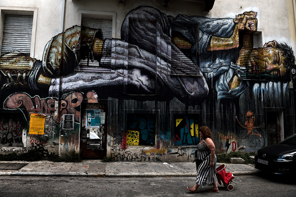 Graffiti in Athen, dasDieses Graffiti in Athen stellt einen Obdachlosen dar