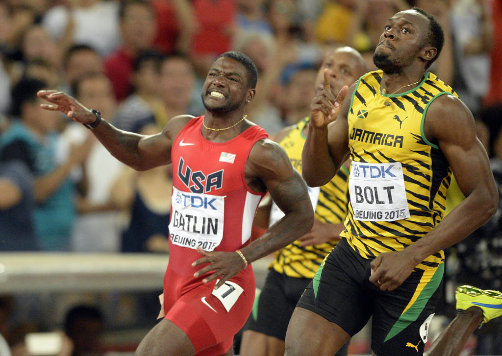 Justin Gatlin und Usain Bolt beim 100m Finale bei der Leichtathletik WM in Peking