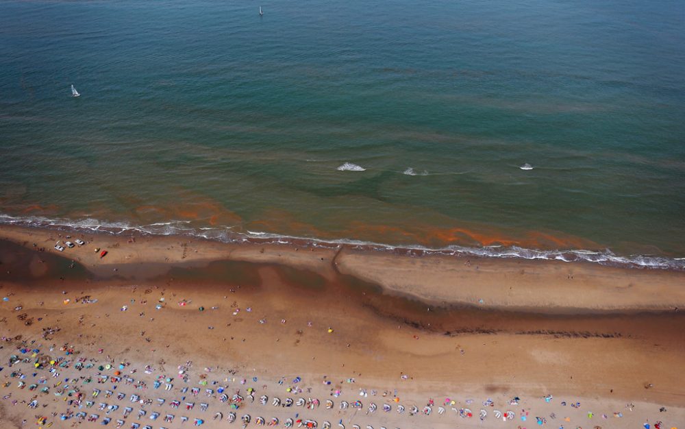Dieses Handout von "Depolitieheli" zeigt die rötlich leuchtenden Mikroorganismen am Strand von Wassenaar