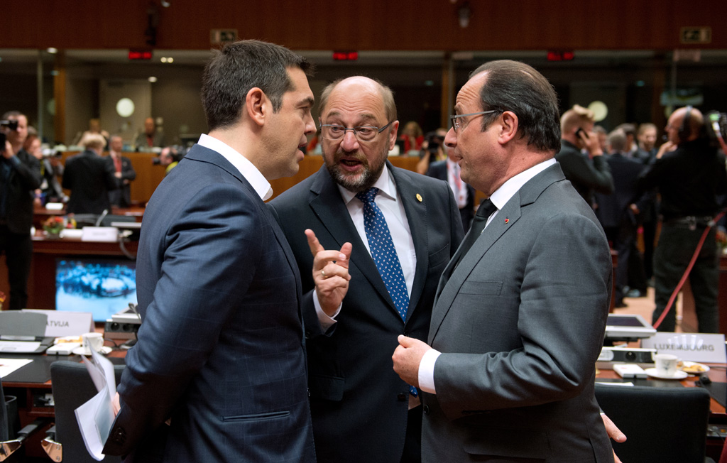 V.l.n.r.: Alexis Tsipras, Martin Schulz und Francois Hollande beim EU-Gipfel am Donnerstag in Brüssel
