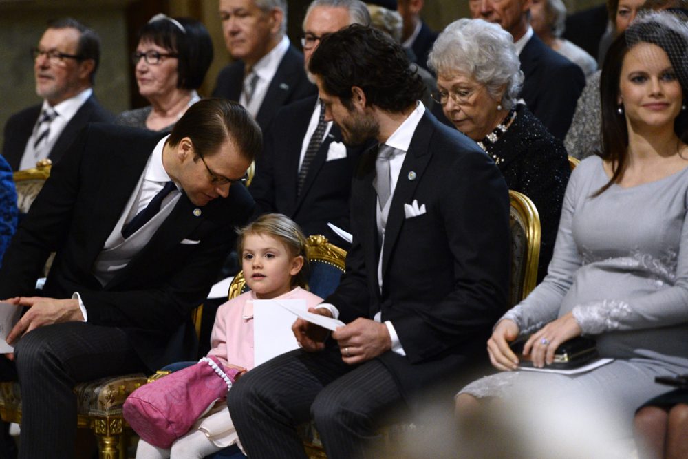 Willkommensfeier für Prinz Oscar Carl Olof in der Palastkapelle in Stockholm: Prinz Daniel, Prinzessin Estelle, Prinz Carl Philip und Prinzessin Sofia