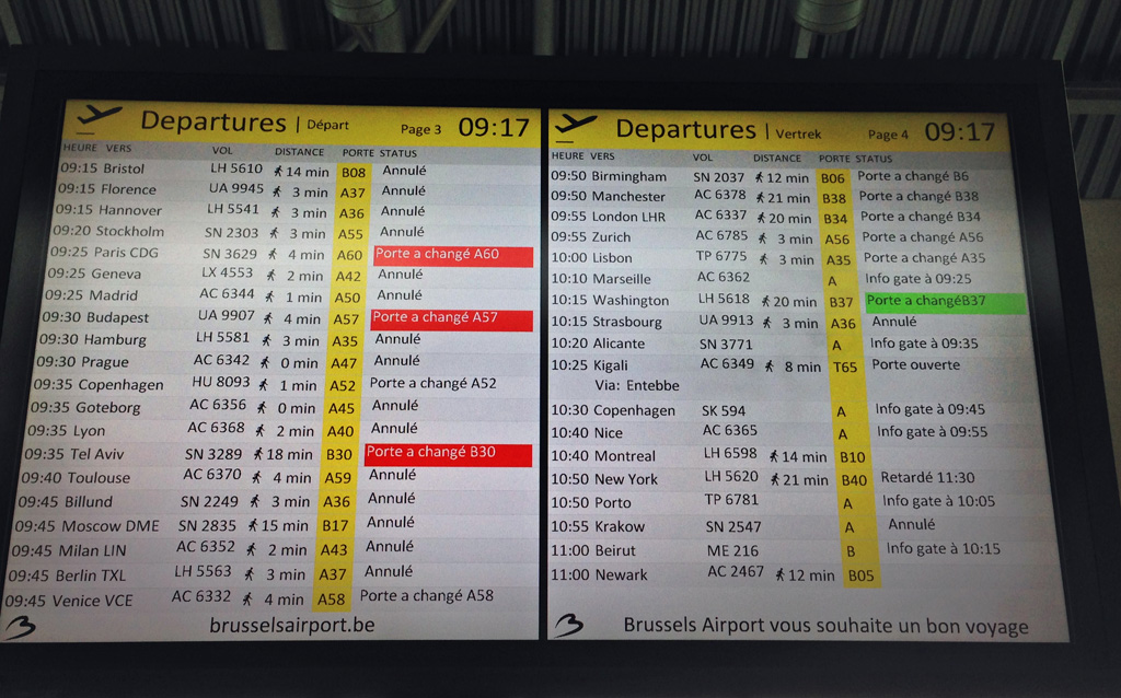 Streik bei Belgocontrol: Anzeigetafel mit gestörten Flügen am Brussels Airport (13.4.)