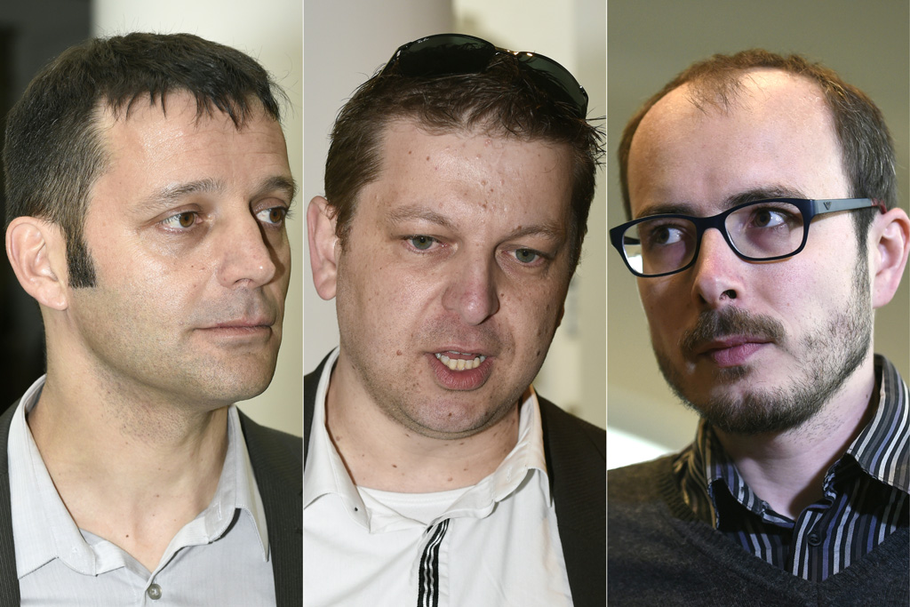 LuxLeaks: Der französische Journalist Edouard Perrin und die PwC-Mitarbeiter Raphael Halet und Antoine Deltour (Bild vom 26.4.)