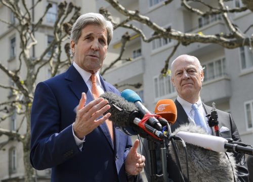 John Kerry und Staffan de Mistura in Genf (2.5.)